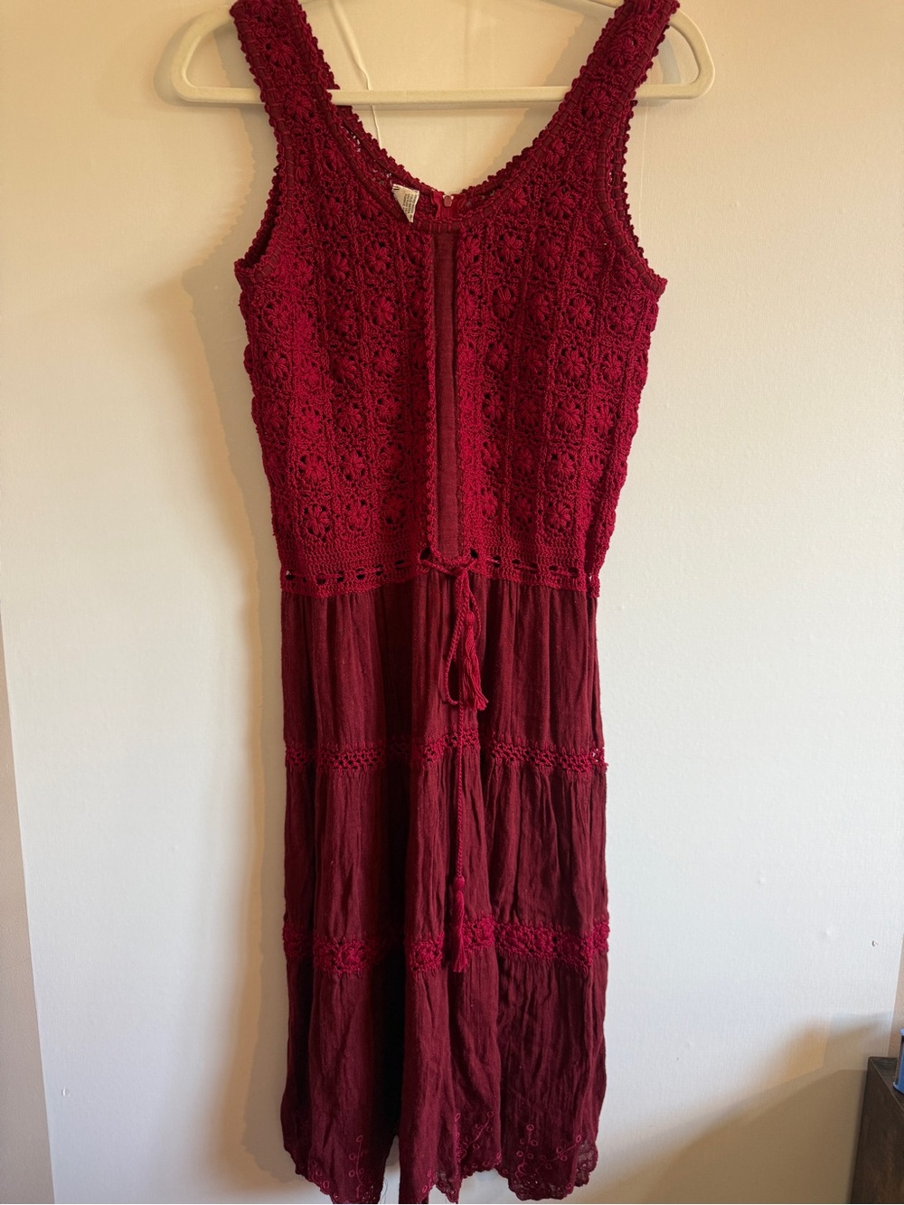 Nipon Vintage Crochet Cotton Dress Burgundy Boho Tiered Size M
